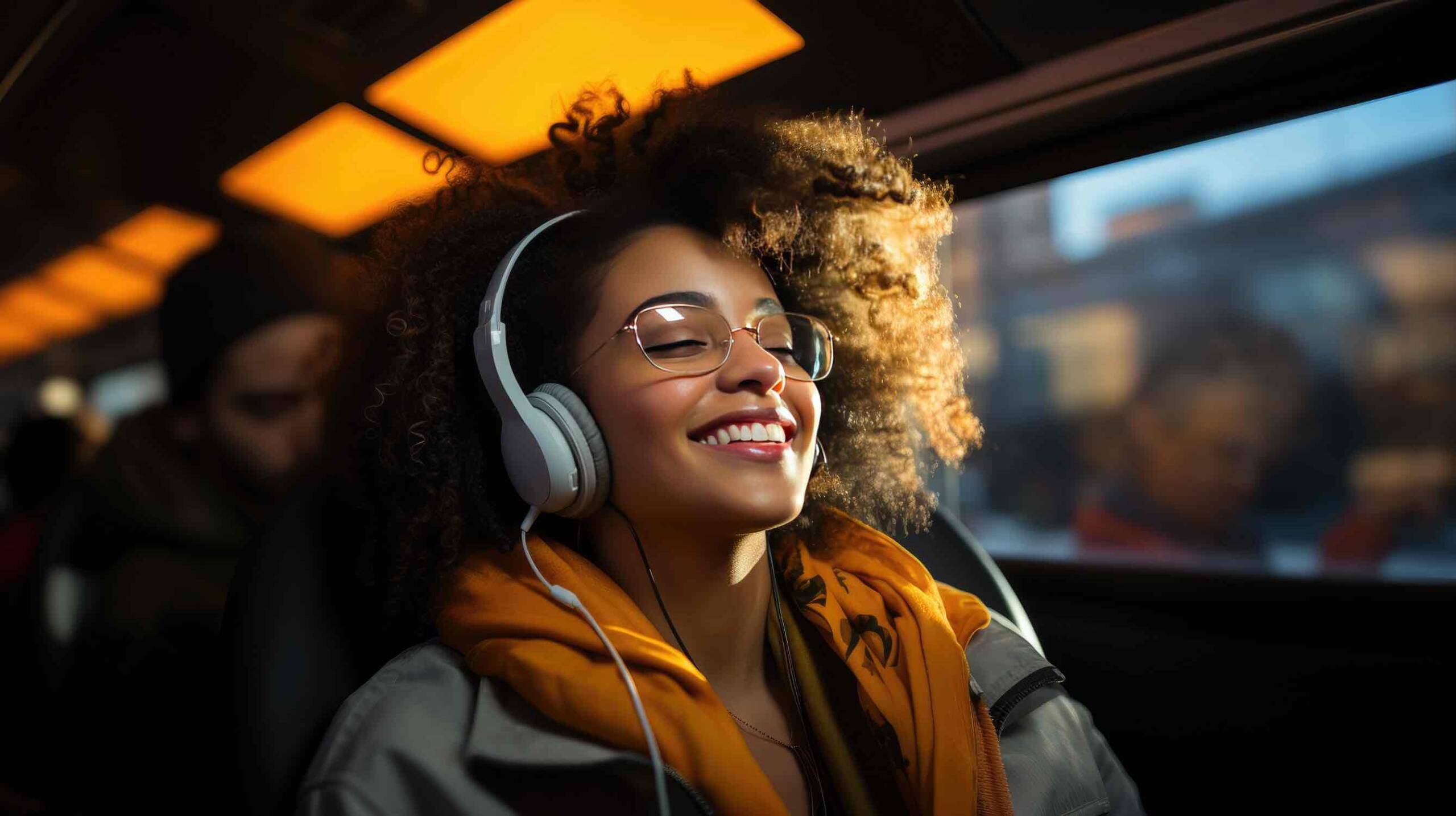 A woman listens to Gospel Songs in a public transport.