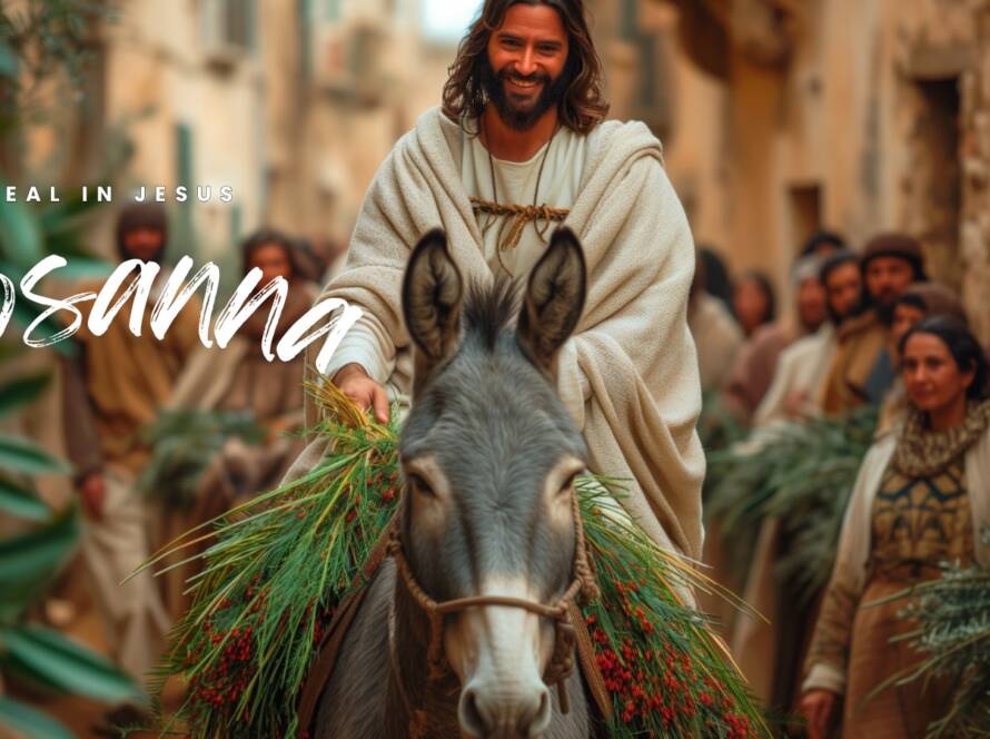 Jesus of Nazareth entering Jerusalem on a donkey on Palm Sunday, the animal and Messiah receiving the welcome of the people in its streets